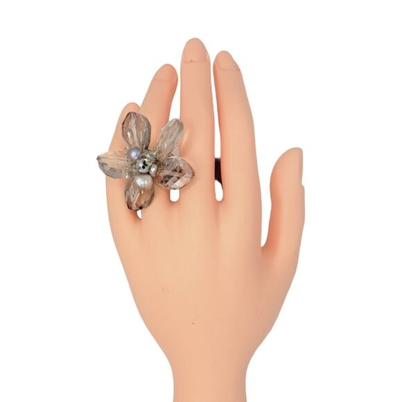 Glass Flower Statement Ring Sz 7 Bead Silver Cottagecore - Picture 5 of 15
